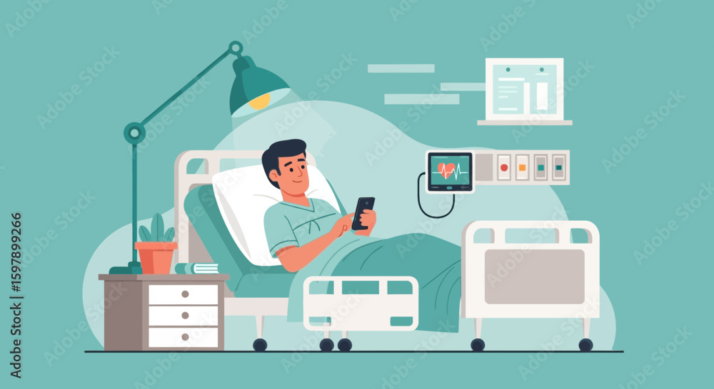 Fototapeta premium Young Patient Relaxing In Hospital Bed Using Mobile Phone For Communication And Entertainment
