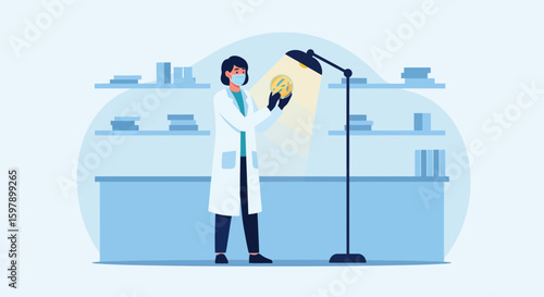 Scientist Analyzing Petri Dish Specimen In Laboratory Setting With Protective Gear