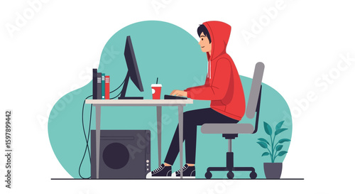Young Programmer Working At Home On Computer With Modern Desk Setup