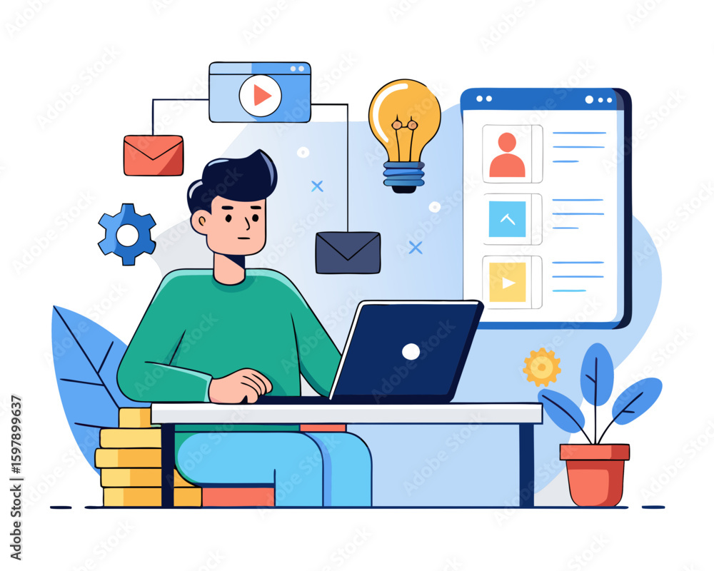 Fototapeta premium Modern flat vector of mobile app development and coding, UI_UX design process, programmer at desk, light interface, digital product design concept, tech startup scene