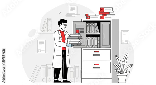Scientist Arranging Documents In Office Cabinet With Plant Minimalistic Flat Style