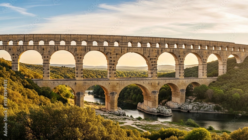 Naklejka premium Pont du Gard Roman Aqueduct Bridge over Scenic River Valley in Southern France at Sunset
