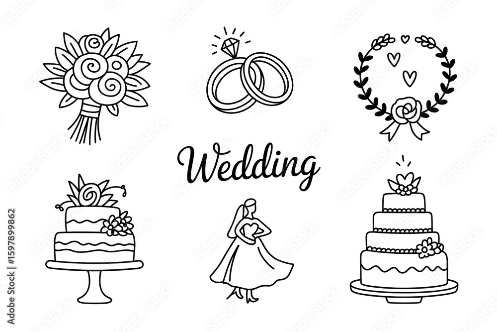 Fototapeta premium A collection of weddingthemed drawings includes a bride, cake, rings, and bouquet