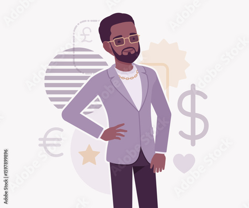 Stylish dark skin currency trader financial market stock exchange stand pose. Stockbroker dealer, investment advisor vector flat style cartoon illustration, dollar, euro, pound currency background