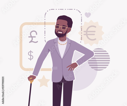 Dark skin currency trader financial market stock exchange successful pose. Stockbroker dealer, investment advisor vector flat style cartoon illustration, dollar, euro, pound currency signs background