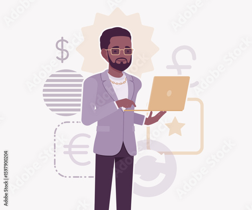 Dark skin currency trader financial market stock exchange laptop pose. Stockbroker dealer, investment advisor vector flat style cartoon illustration, dollar, euro, pound currency signs background