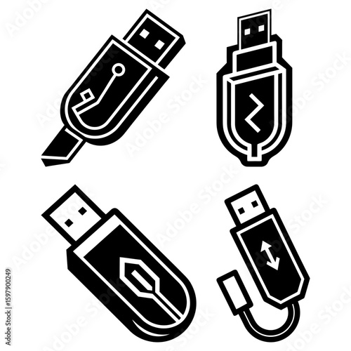 Four black and white usb drive icons with different designs for data storage and transfer options shown
