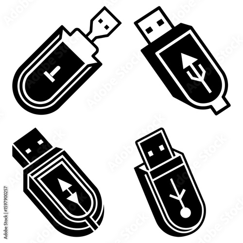 Four black and white usb drive icons with different arrow designs pointing in different directions on white