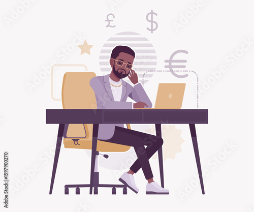 Dark skin currency trader financial market stock exchange office pose. Stockbroker dealer, investment advisor vector flat style cartoon illustration, dollar, euro, pound currency signs background