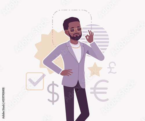Dark skin currency trader financial market stock exchange positive pose. Stockbroker dealer, investment advisor vector flat style cartoon illustration, dollar, euro, pound currency signs background