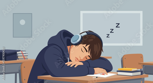 Tired Student Drowsing In Classroom During School Time Wearing Headphones