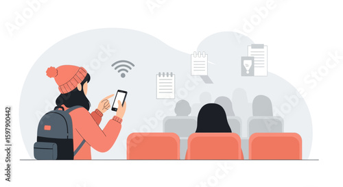 Young Woman At A Lecture Hall With Phone And Wifi Illustration Concept
