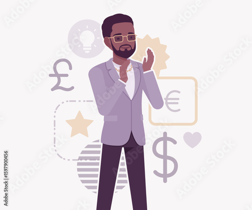 Dark skin currency trader financial market stock exchange praise pose. Stockbroker dealer, investment advisor vector flat style cartoon illustration, dollar, euro, pound currency signs background