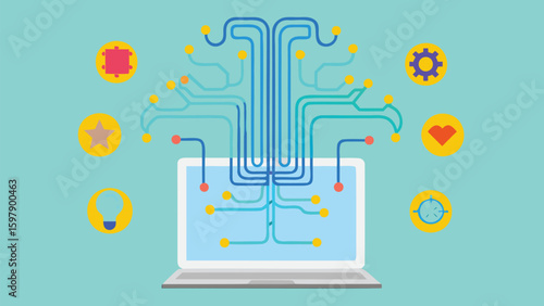 Laptop connected to a network with icons representing different functions and applications online