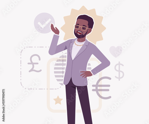 Dark skin currency trader financial market stock exchange speaker pose. Stockbroker dealer, investment advisor vector flat style cartoon illustration, dollar, euro, pound currency signs background