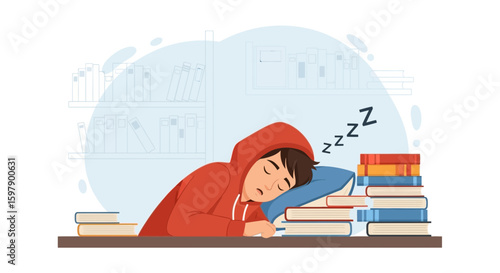 Tired Student Sleeping On Books In Library After A Long Study Session