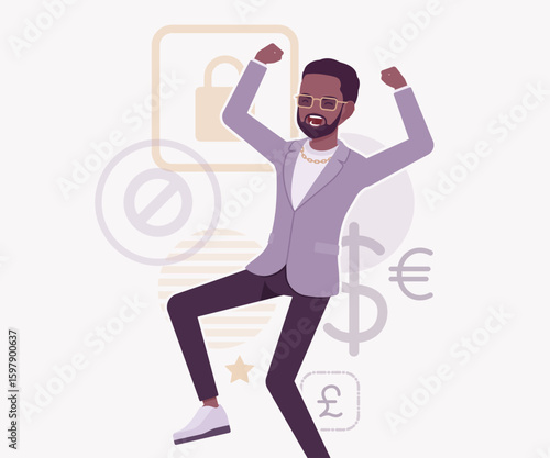 Dark skin currency trader financial market stock exchange winner pose. Stockbroker dealer, investment advisor vector flat style cartoon illustration, dollar, euro, pound currency signs background