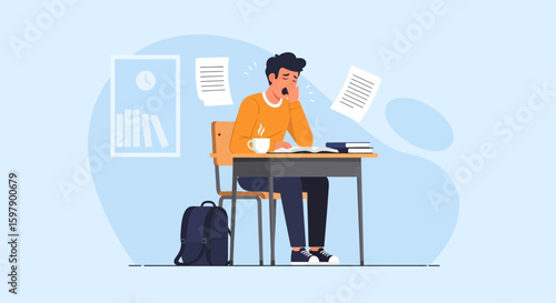 Tired Student Studying Hard And Drinking Coffee At The Desk In The Room