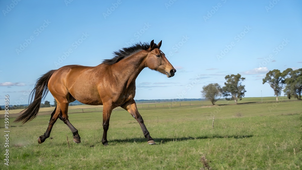 Fototapeta premium Australian Stock Horse Trotting Confidently in Open FieldAustralian Stock Horse Trotting Confidently in Open FieldAustralian Stock Horse Trotting Confidently in Open Field