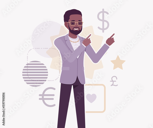 Dark skin currency trader financial market stock exchange speaking pose. Stockbroker dealer, investment advisor vector flat style cartoon illustration, dollar, euro, pound currency signs background