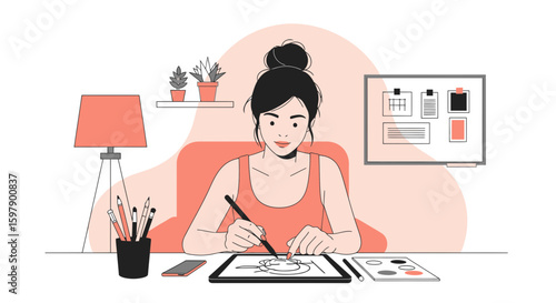 Young Woman Creating Digital Illustration On Tablet At Modern Home Studio