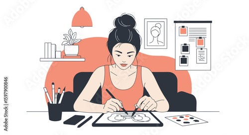 Young Woman Creating Digital Illustration Working With Graphic Tablet At Home