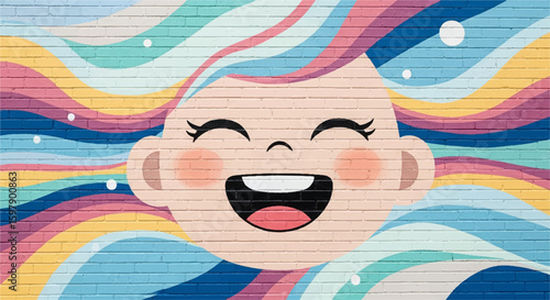 Colorful mural of a smiling face with rainbow hair on a brick wall background