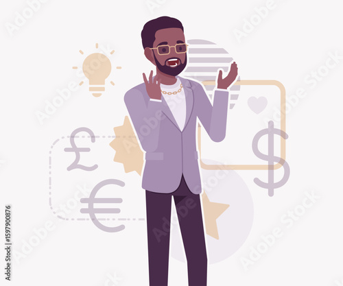 Dark skin currency trader financial market stock exchange coach pose. Stockbroker dealer, investment advisor vector flat style cartoon illustration, dollar, euro, pound currency signs background