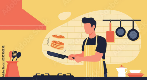 Tossing Pancakes In The Air Breakfast Preparation In Modern Kitchen Flat Vector