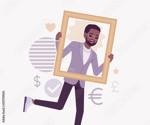 Dark skin currency trader financial market stock exchange frame pose. Stockbroker dealer, investment advisor vector flat style cartoon illustration, dollar, euro, pound currency signs background