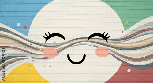 Colorful mural of a smiling face on a brick wall with rainbow-like hair design