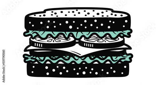 Stylized sandwich with lettuce, tomatoes, and cheese filling design