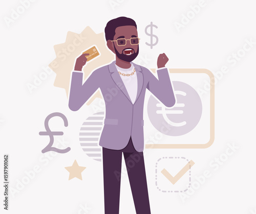 Dark skin currency trader financial market stock exchange credit card pose. Stockbroker dealer, investment advisor vector flat style cartoon illustration, dollar, euro, pound currency signs background