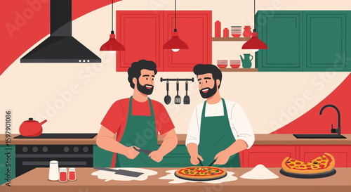 Two Bearded Men Cooking Delicious Pizza Together In A Cozy Modern Kitchen