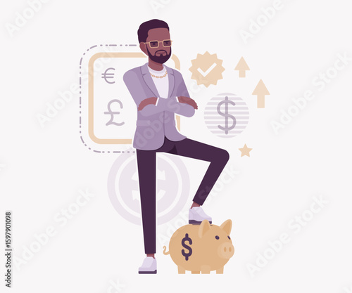 Dark skin currency trader financial market stock exchange piggy bank pose. Stockbroker dealer, investment advisor vector flat style cartoon illustration, dollar, euro, pound currency signs background