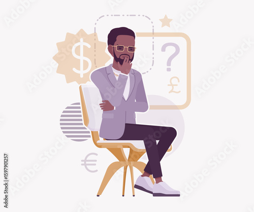 Dark skin currency trader financial market stock exchange thinking pose. Stockbroker dealer, investment advisor vector flat style cartoon illustration, dollar, euro, pound currency signs background