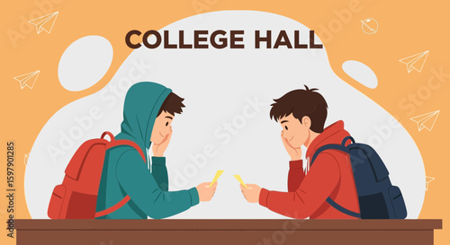 Two Students Chatting In University Hall With Positive Expression Vector Illustration