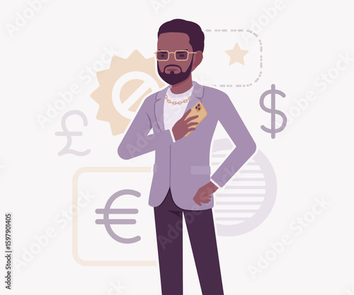 Dark skin currency trader financial market stock exchange phone user pose. Stockbroker dealer, investment advisor vector flat style cartoon illustration, dollar, euro, pound currency signs background