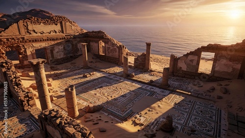 Sunset View of Ancient Coastal Ruins with Mosaic Floors and Stone Columns
