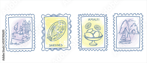 Amalfi beach background. Italy postcard with lemon statue boat. Sea vintage print. Italy summer bg. Post stamp border. Vector with Amalfi coast	