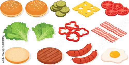 Burger ingredient explosion with buns, lettuce, egg, and meat slices