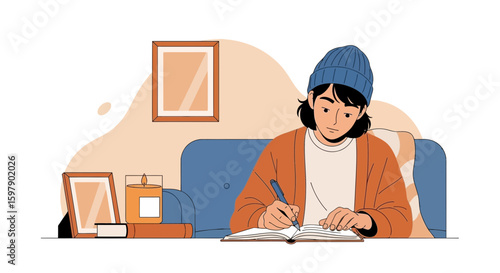 Young Woman Is Writing In Her Journal At Home On A Cozy Day
