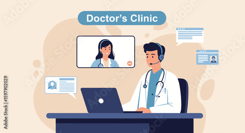 Virtual Medical Consultation Man Doctor Having Online Video Call With Colleague