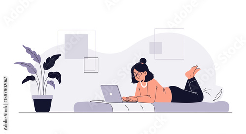 Young Woman Lying on Bed, Working on Laptop, with Plant and Abstract Art