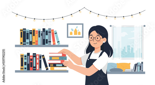 Young Woman Organizes Bookshelf In Cozy Room Filled With Books And Decor