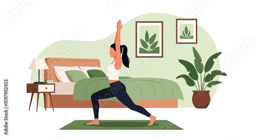 Warrior Pose Practiced At Home For Mindful Morning Wellness Routine