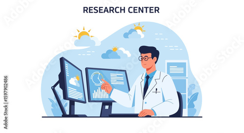 Weather Researcher Analyzing Data On Computers In Scientific Environment
