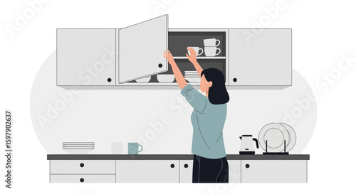 Young Woman Reaching In Kitchen Cabinet In Simplified Flat Vector Illustration