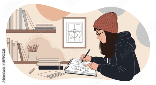 Young Woman Sits At Her Desk Engaged In Artistic Drawing With Various Art Supplies