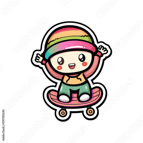 Cheerful Child Riding Skateboard, Cute Cartoon Character Illustration with Colorful Beanie Cap for Fun and Playtime